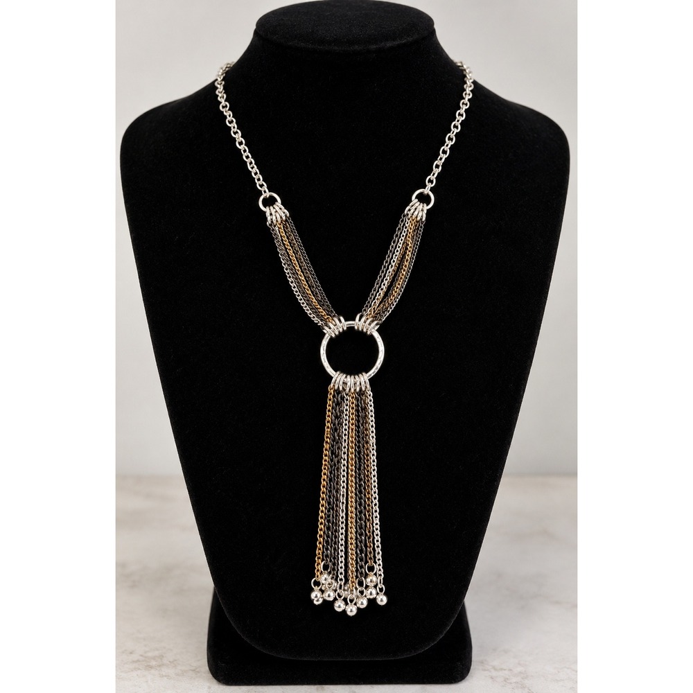 Vintage SAQ Multi Chain Y Tassel Necklace Mixed Metal Silver Gold Statement